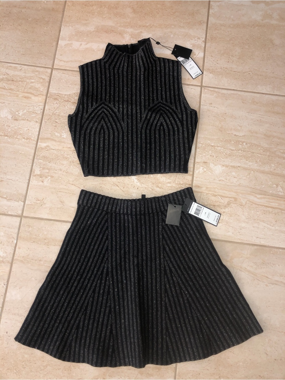 BCBGMaxAzria Black and Silver Metallic Striped Knit Skirt & Top Set XS